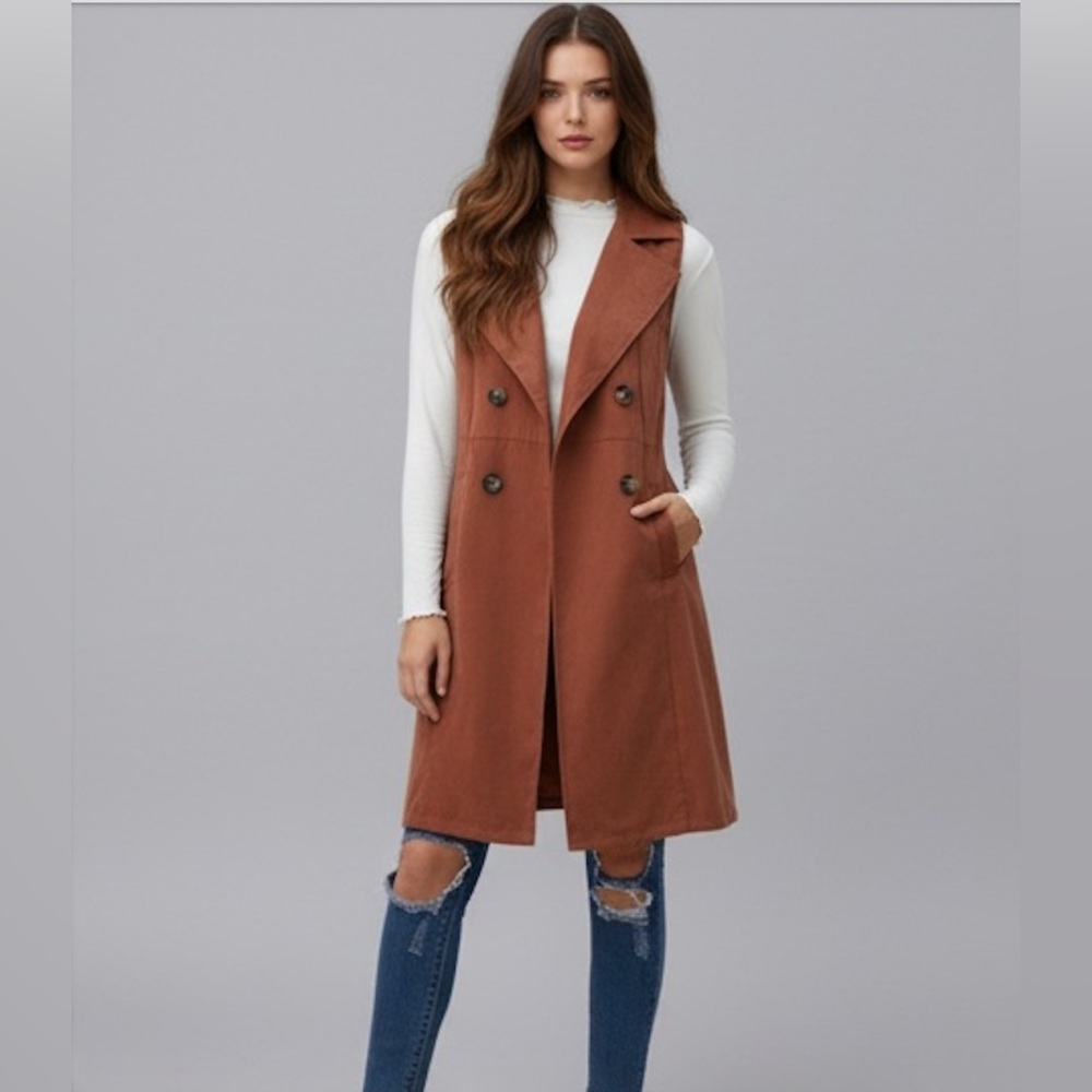 Rust Double-breasted Waterfall Collar Trench Vest